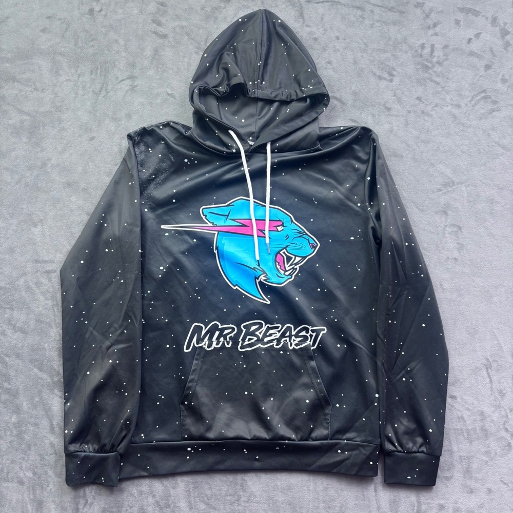 Mr Beast Graphic Hoodie Black Galaxy Speckle Blue Panther Logo Sweatshirt
